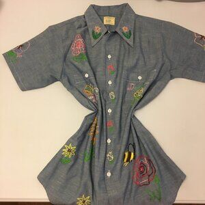 Vintage 70s Chambray JC Penney Big Mac Shirt "Doris" Embroidered Pointy Collar (